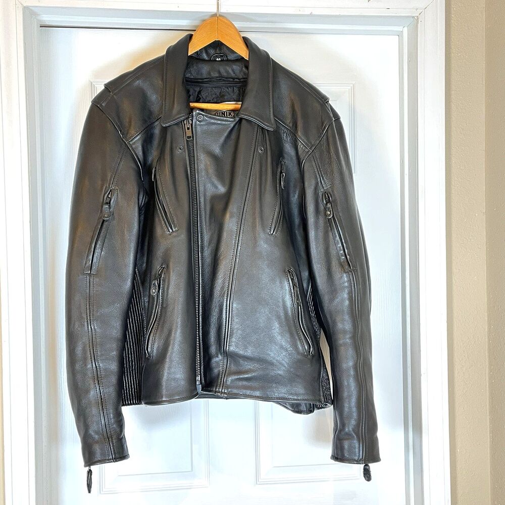 UNIK Premium Mens Heavy Black Leather Motorcycle Jacket Size 48‎ Cross Zip Liner